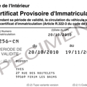 certificat provisoire d'immatriculation CPI-WW
