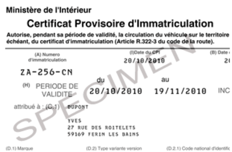 certificat provisoire d'immatriculation CPI-WW envoi Belgique